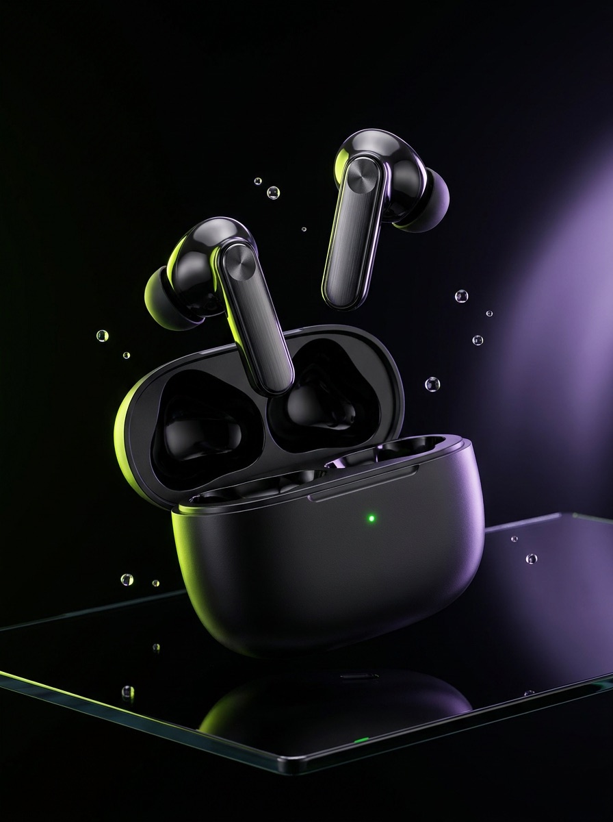 Wireless earbuds floating over a dark reflective surface with lime and violet lighting