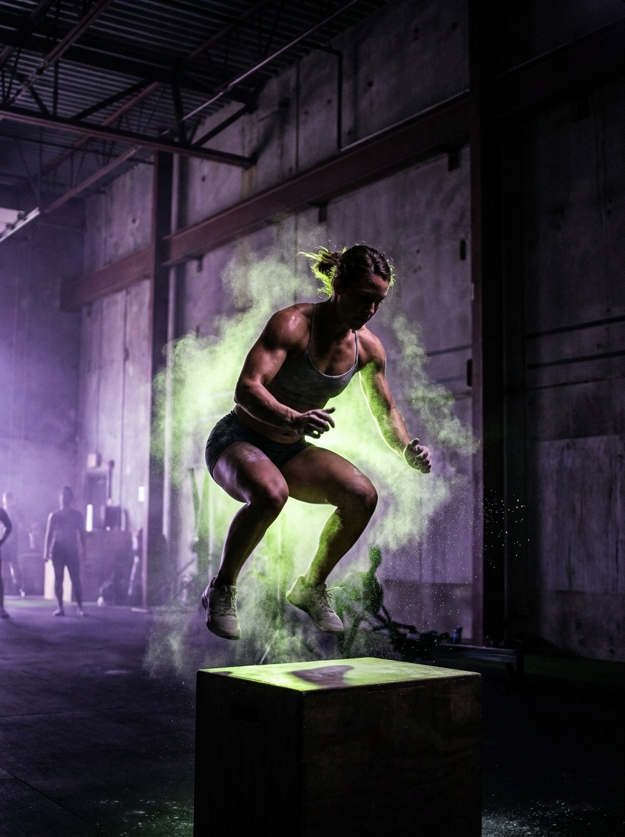Athlete mid-movement in a dark gym with chalk dust backlit by lime light
