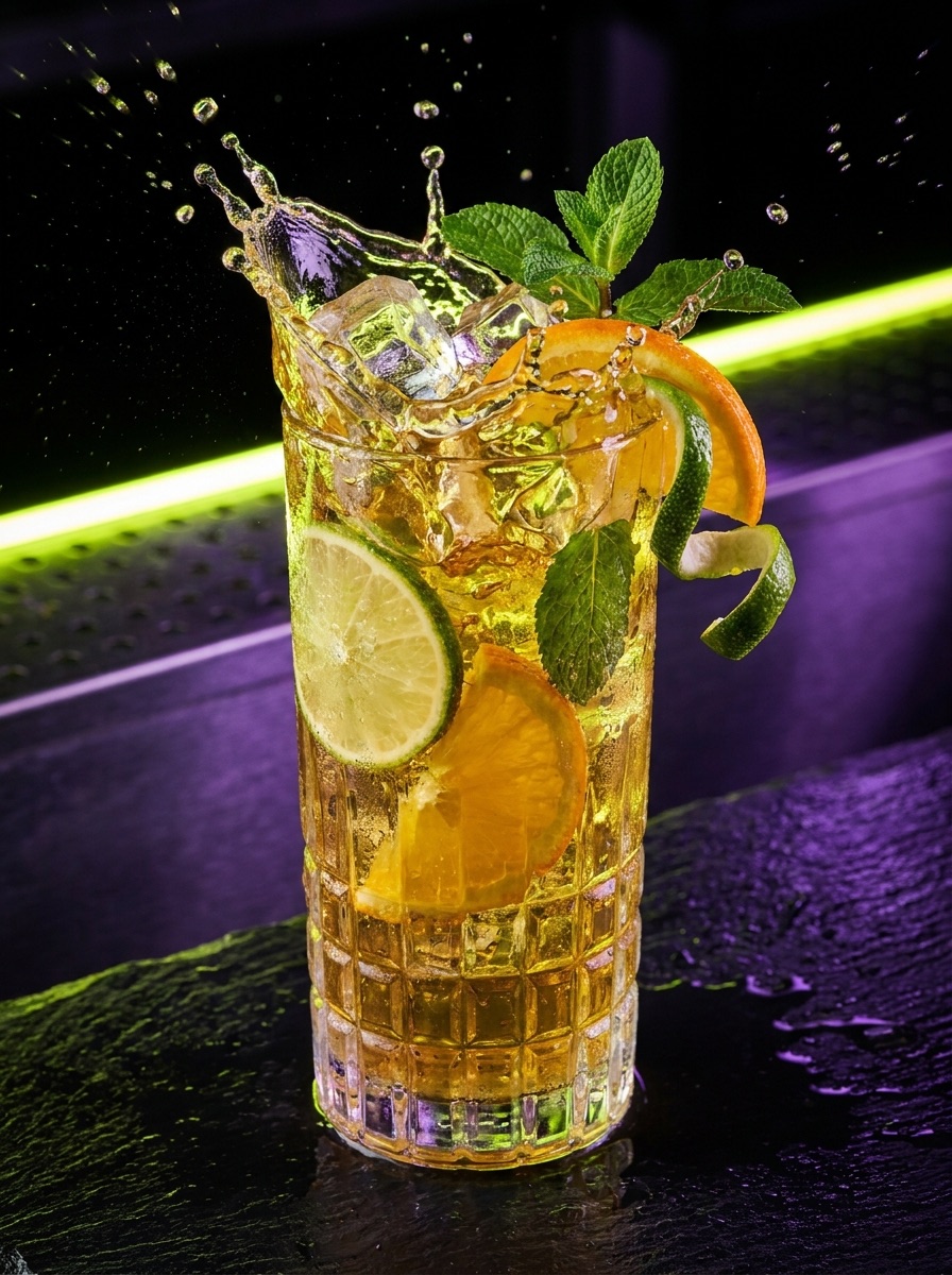 Iced craft drink with citrus and a dramatic frozen splash on a dark set