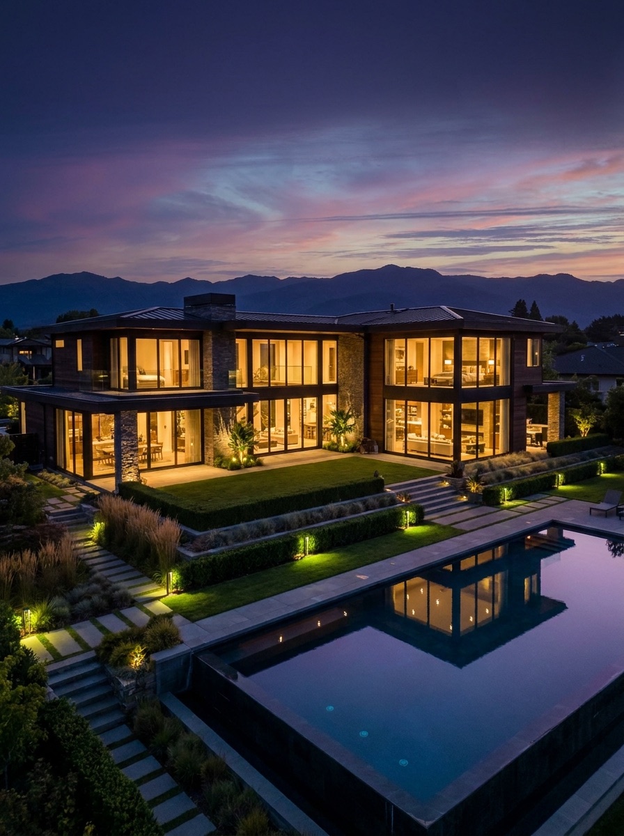 Twilight exterior of a modern luxury home with glowing windows and infinity pool