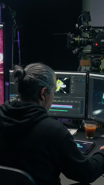Editor working across three screens in a dark production suite